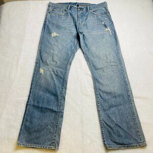 Gap Mens Denim Blue Mid Rise Distressed Premium Straight Fit Jeans Size 35/32